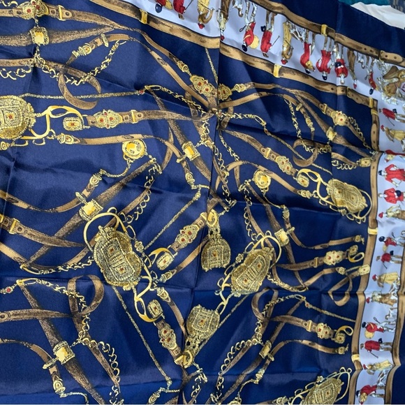 Paul France Navy and Gold Equestrian Print Scarf silk brandnew - Picture 7 of 9